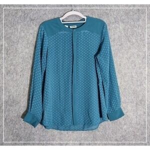 DKNY Blouse Women S Blue‎ Swiss Dot Chiffon Sheer Office Career Long Sleeve Top